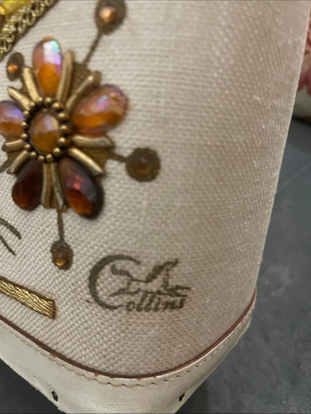 Vintage Embellished Cream Tote with Amber Jewel Bird Design